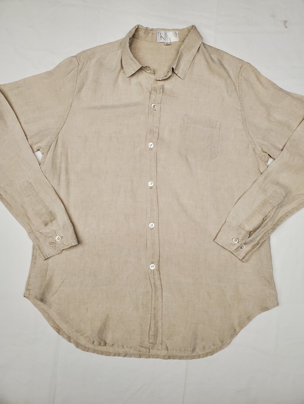 Kswarth 100% Linen Button Down Shirt L Beige Classic Chest Pocket Preppy